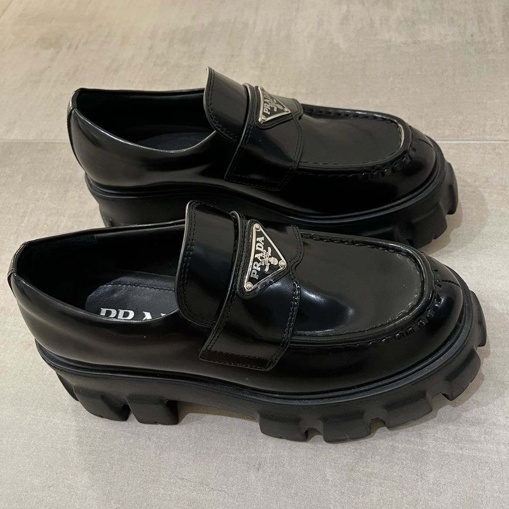 prada black patent leather chunky loafer